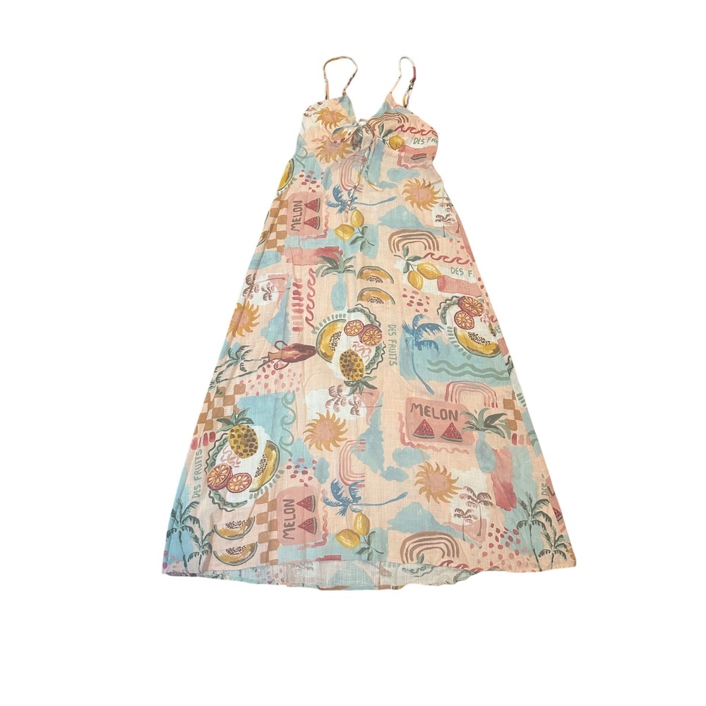 Paper Heart Tropical Fruit Print Linen Blend Maxi Dress XL Pink Peach Boho